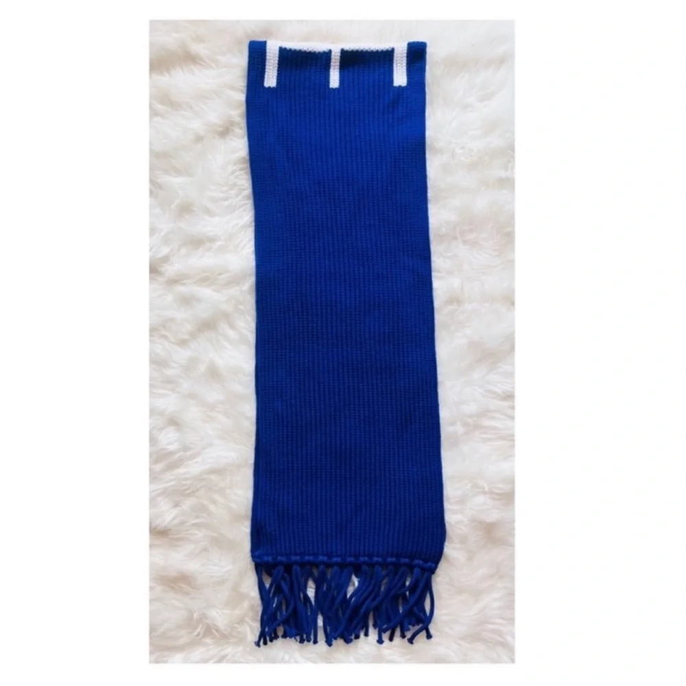 New! VERSACE Logo Intarsia Knit Fringe Oversized Unisex Wool Scarf in Royal Blue